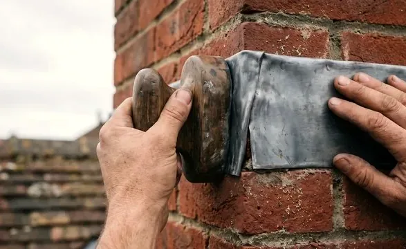 Flashing being resealed at the base of a chimney after high winds in Louisville