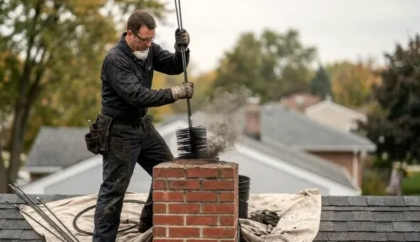 Chimney sweep working from a Lafayette, Colorado rooftop