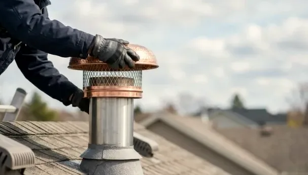 Spark arrestor chimney cap with fine mesh being fitted in Boulder County