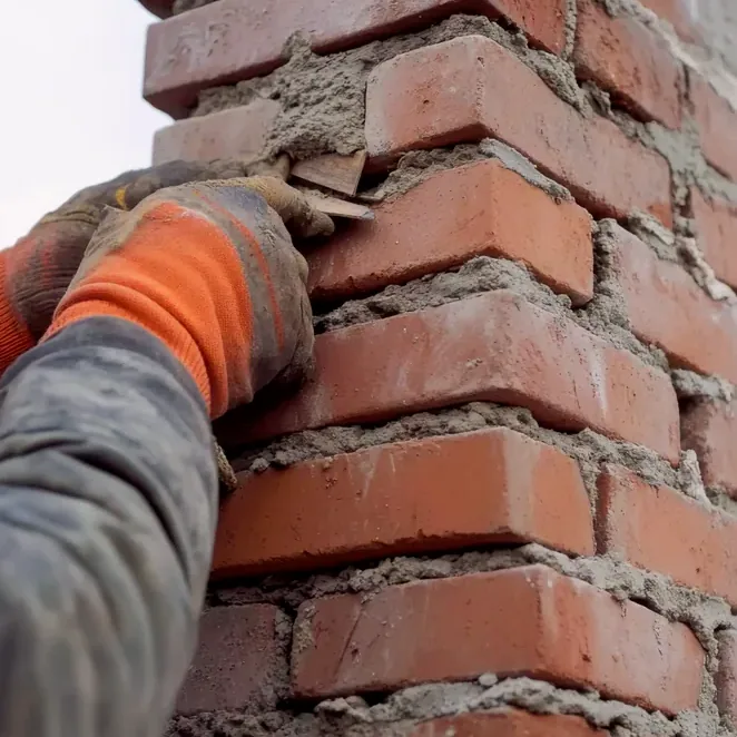 Mortar being packed into loose chimney brick in Broomfield