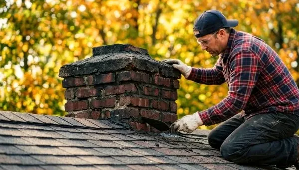 Mason repairing the top of a wind-battered brick chimney in Broomfield